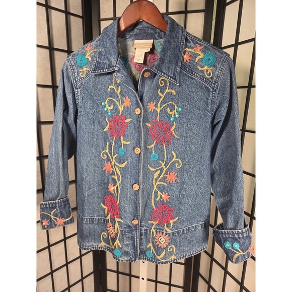 Coldwater Creek Jackets & Blazers - COLDWATER CREEK womens denim jean‎ floral chenille  JACKET coat blazer S